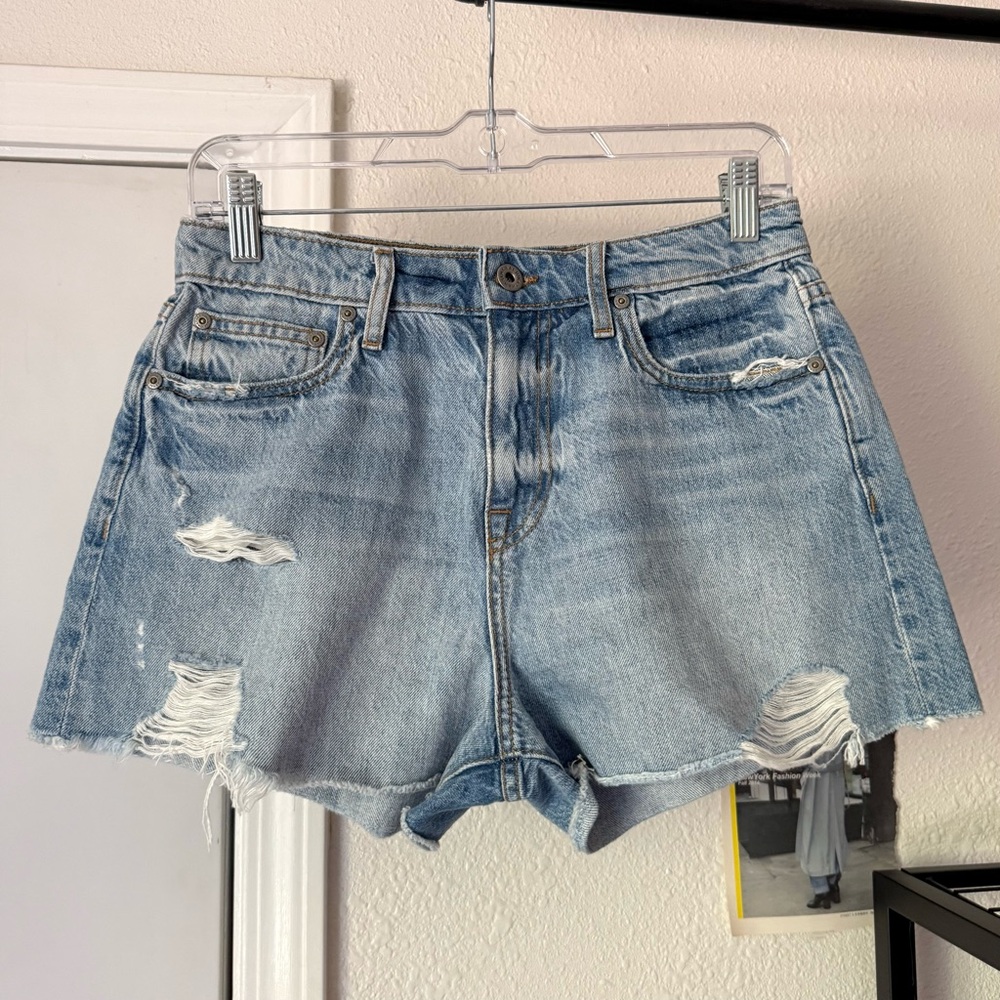JONATHAN SIMKHAI light blue wash organic cotton denim fray distressed jean short